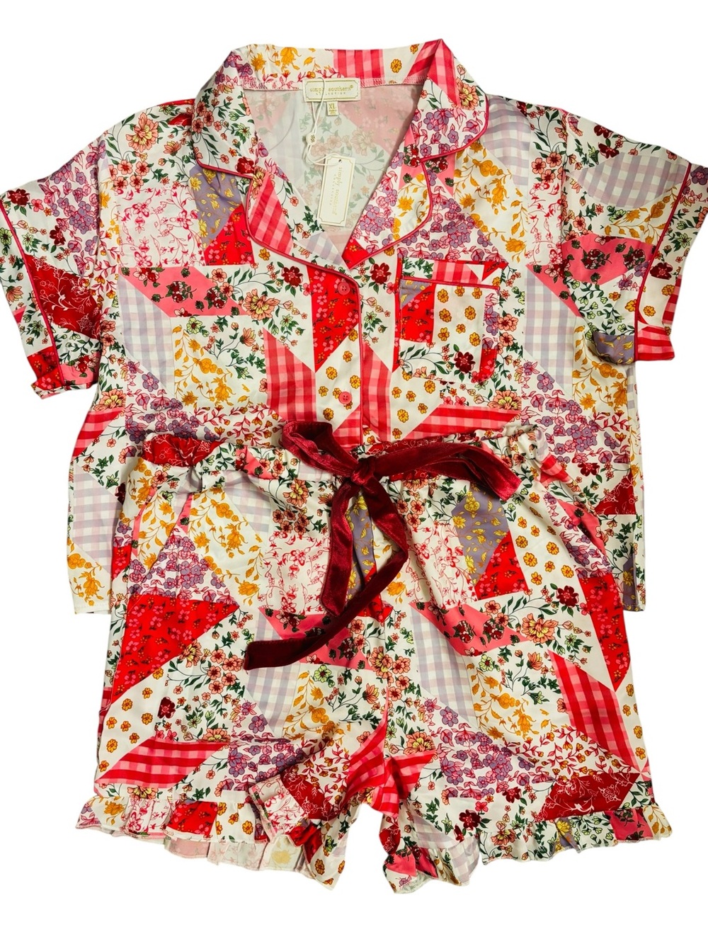 Simply Southern Pink, Red, Yellow & White Patchwork Floral Short Pajama Set NWT